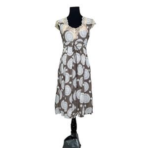 Michelle Kim brown floral cap sleeves laced knee length boho dress size M